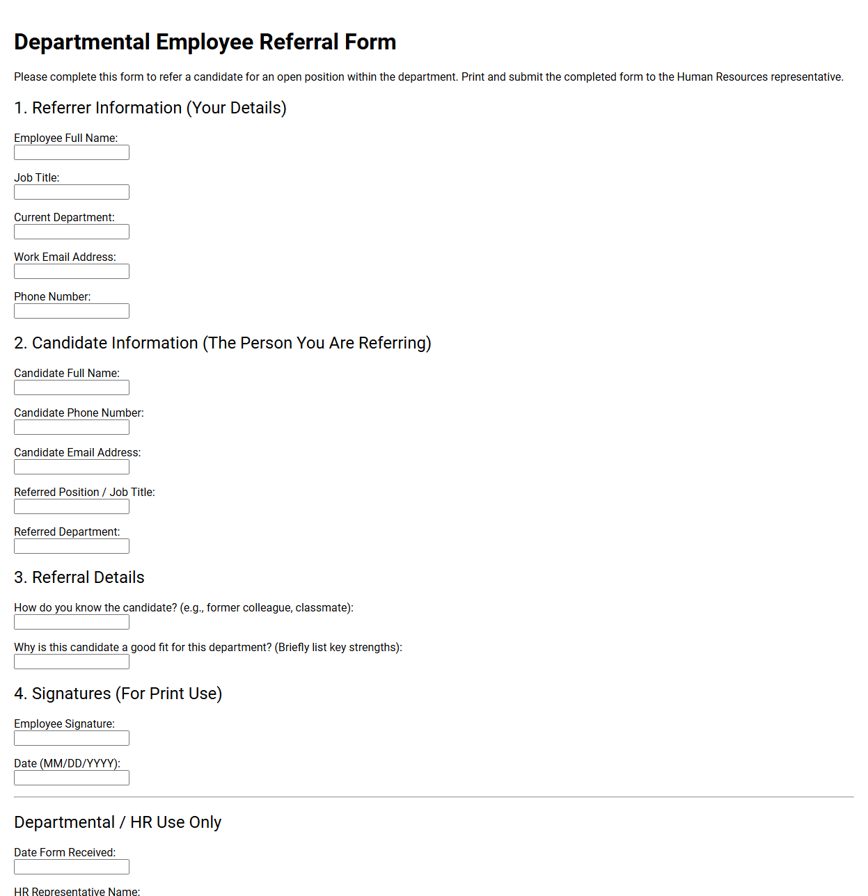 Departmental Employee Referral Form Template