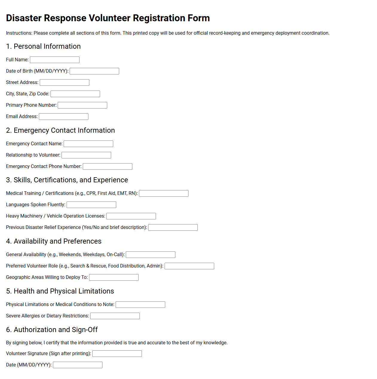 Disaster Response Volunteer Registration Form