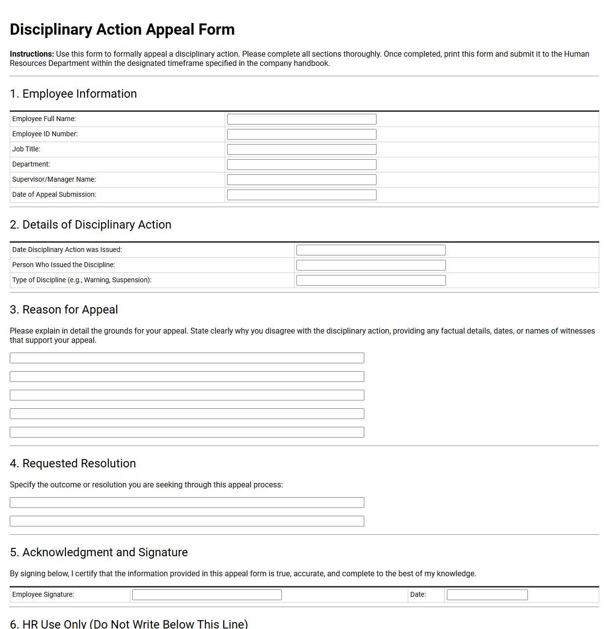 Disciplinary Action Appeal Form Template