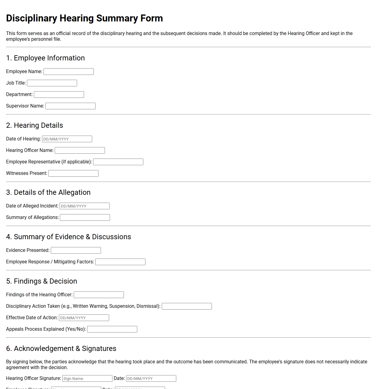 Disciplinary Hearing Summary Form Template