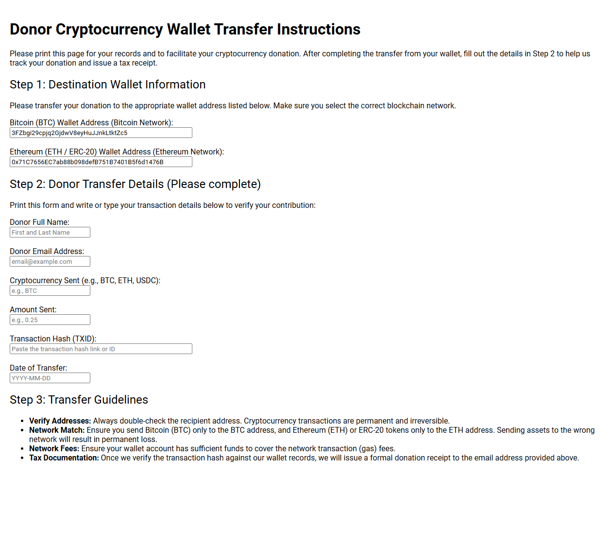 Donor Cryptocurrency Wallet Transfer Instructions