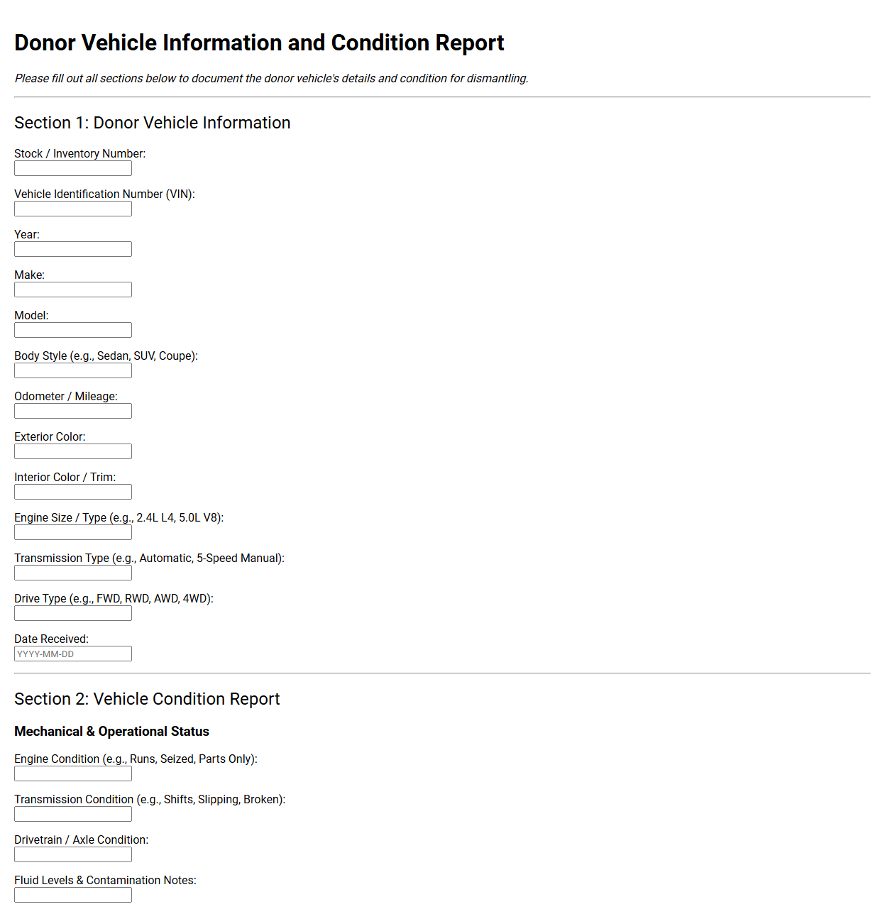 Donor Vehicle Information and Condition Report