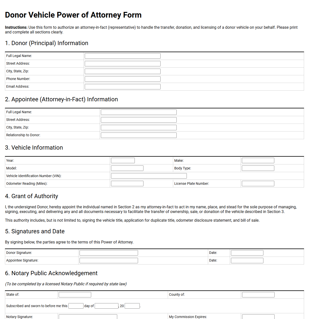 Donor Vehicle Power of Attorney Form