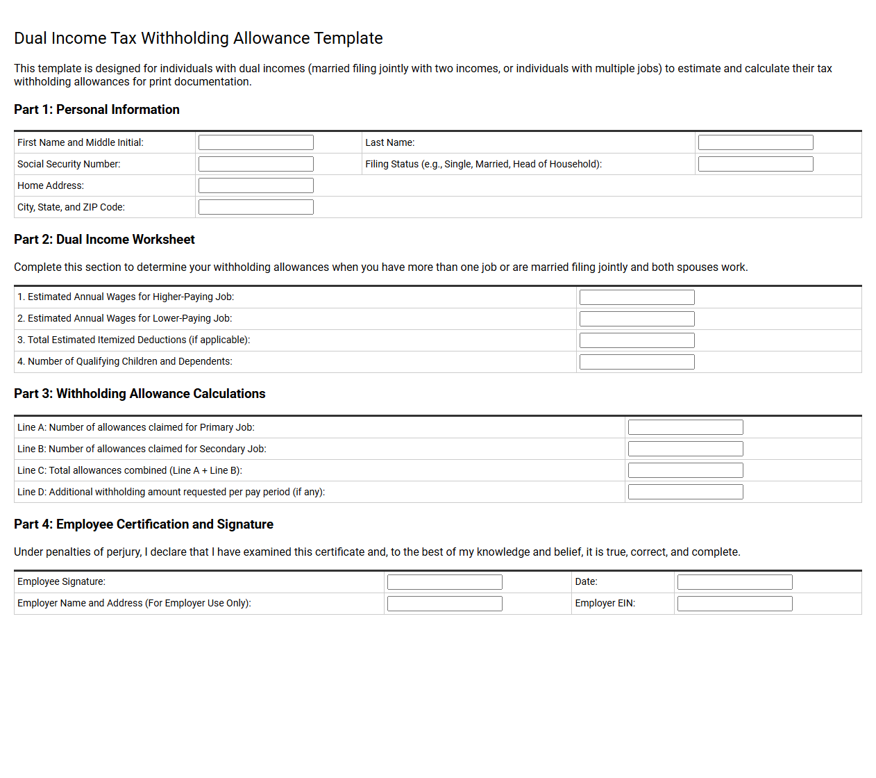 Dual Income Tax Withholding Allowance Template