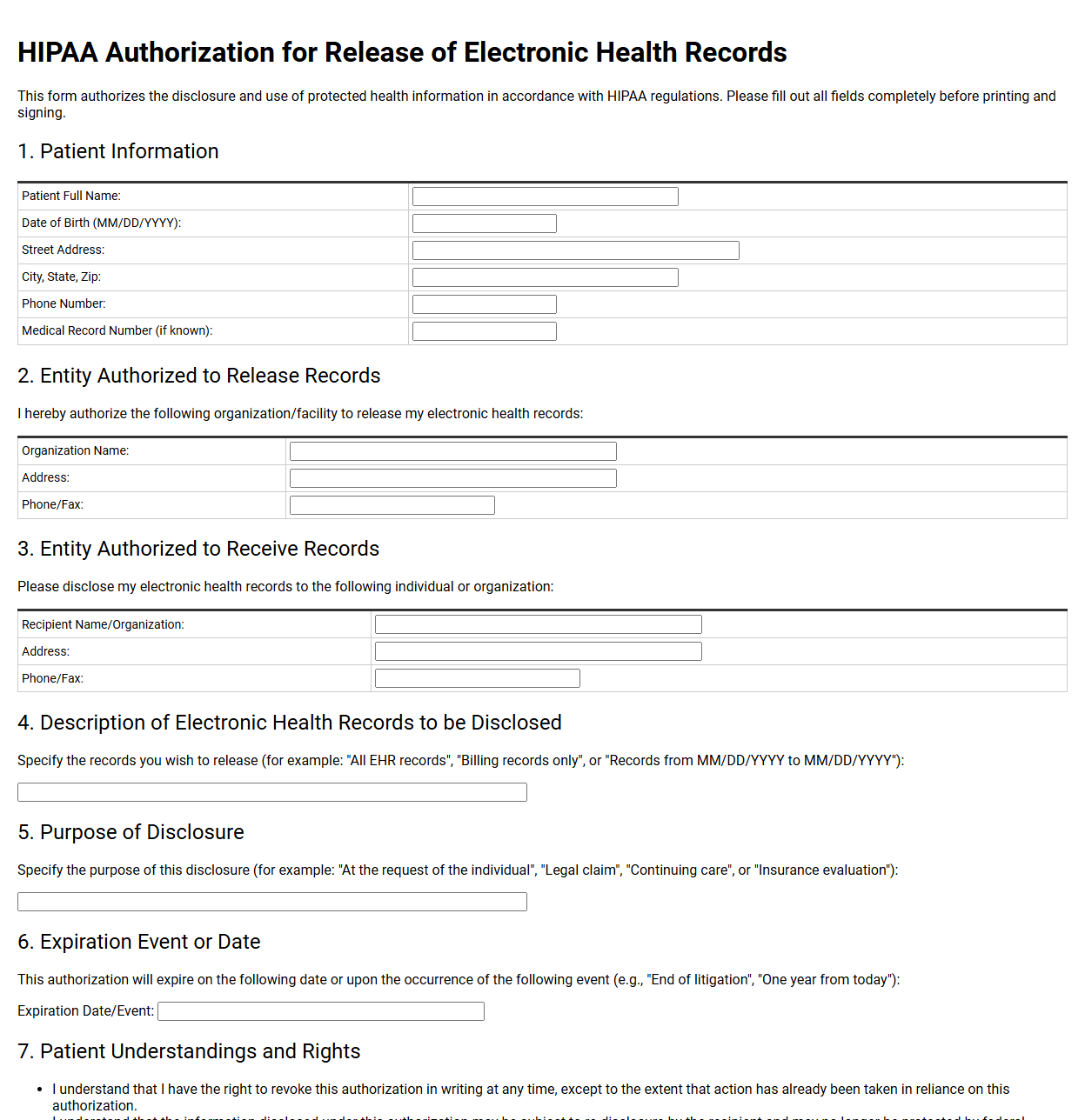 Electronic Health Records HIPAA Authorization Template