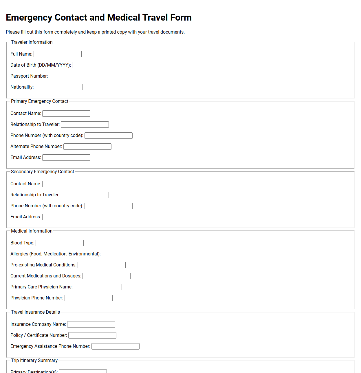 Emergency Contact and Medical Travel Form