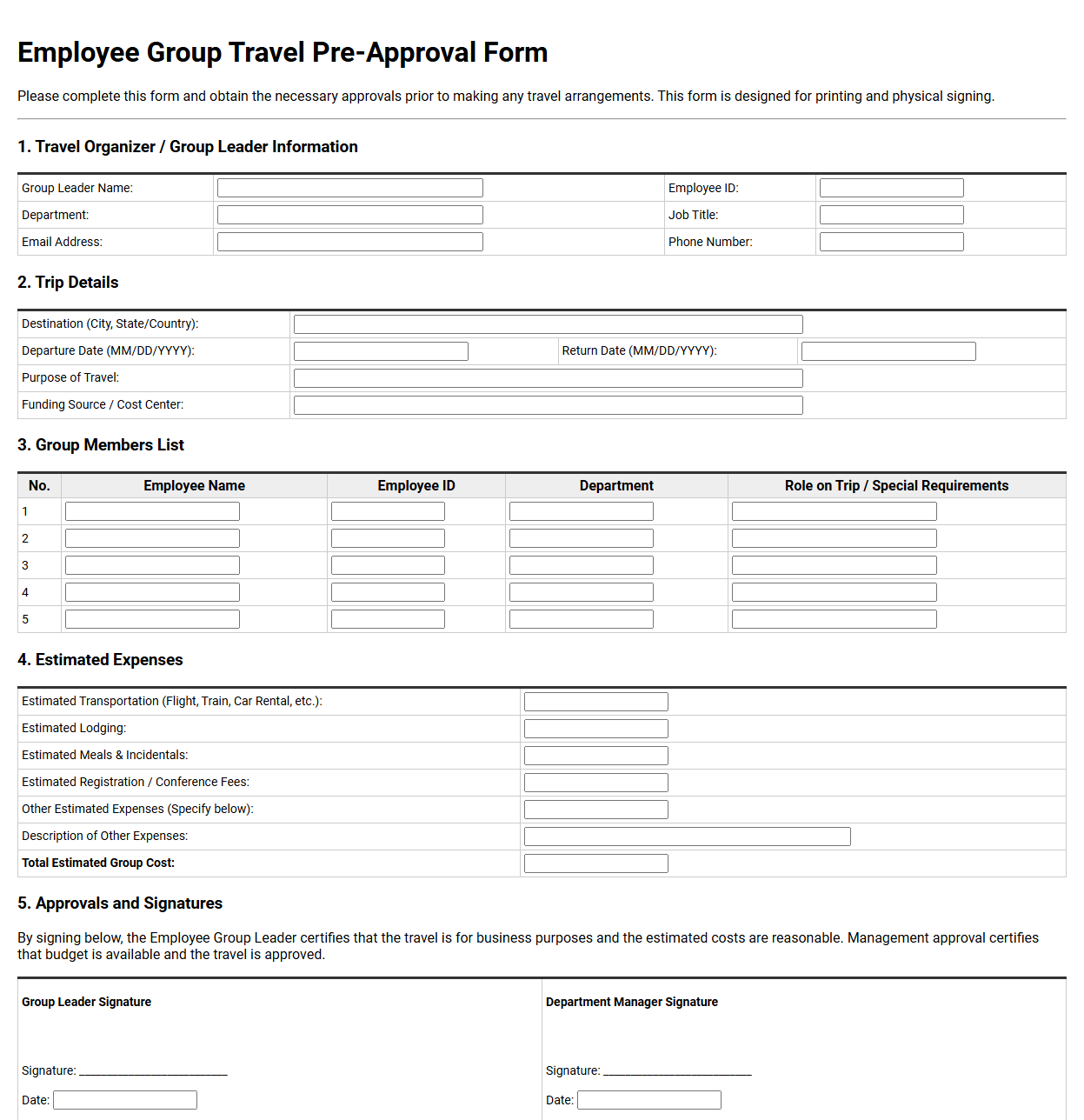 Employee Group Travel Pre-Approval Form