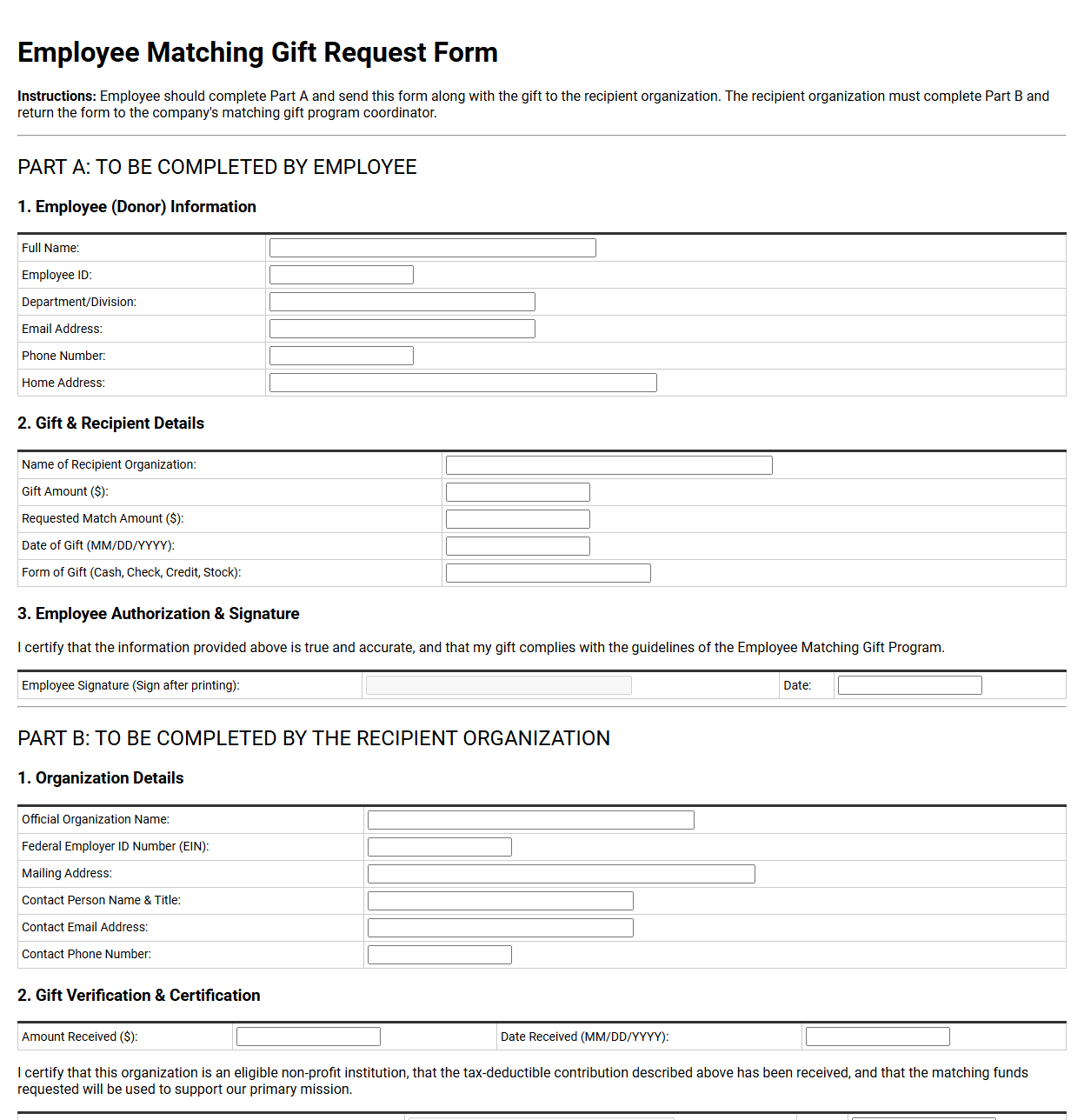 Employee Matching Gift Request Form Template