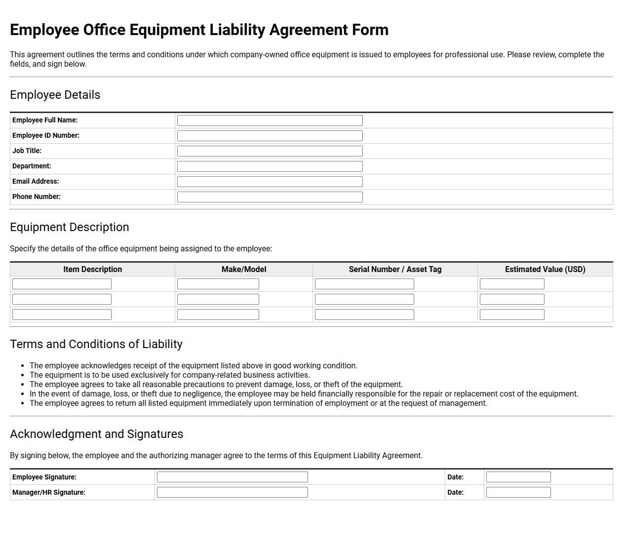Employee Office Equipment Liability Agreement Form