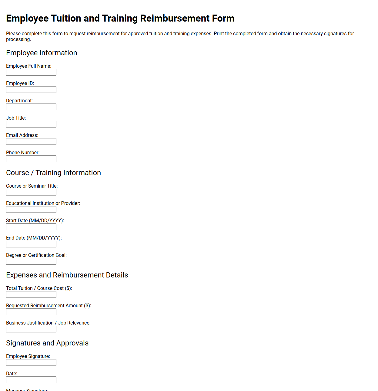 Employee Tuition and Training Reimbursement Form
