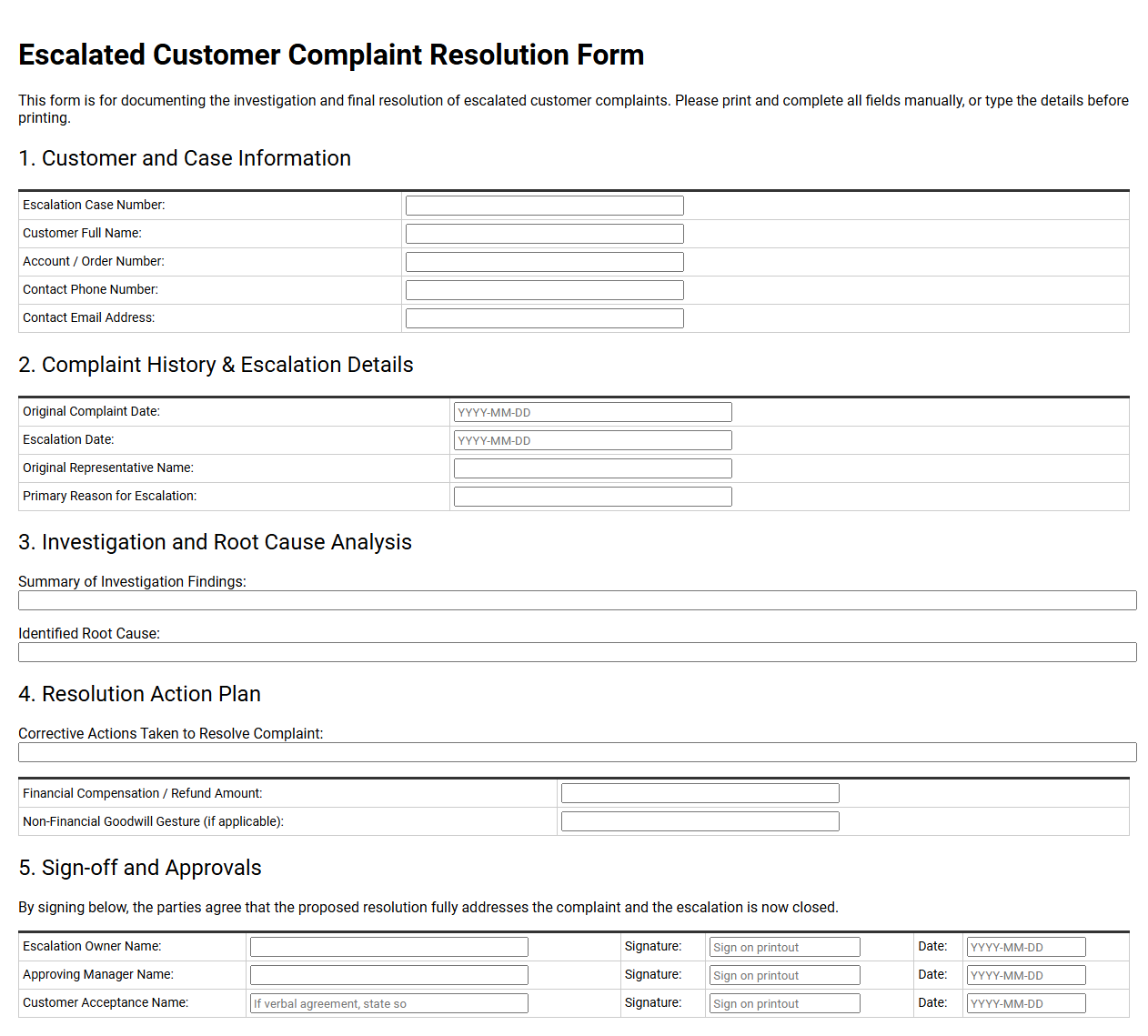 Escalated Customer Complaint Resolution Form