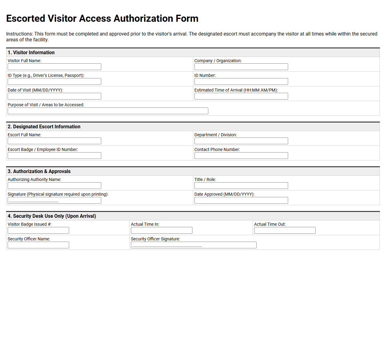 Escorted Visitor Access Authorization Form