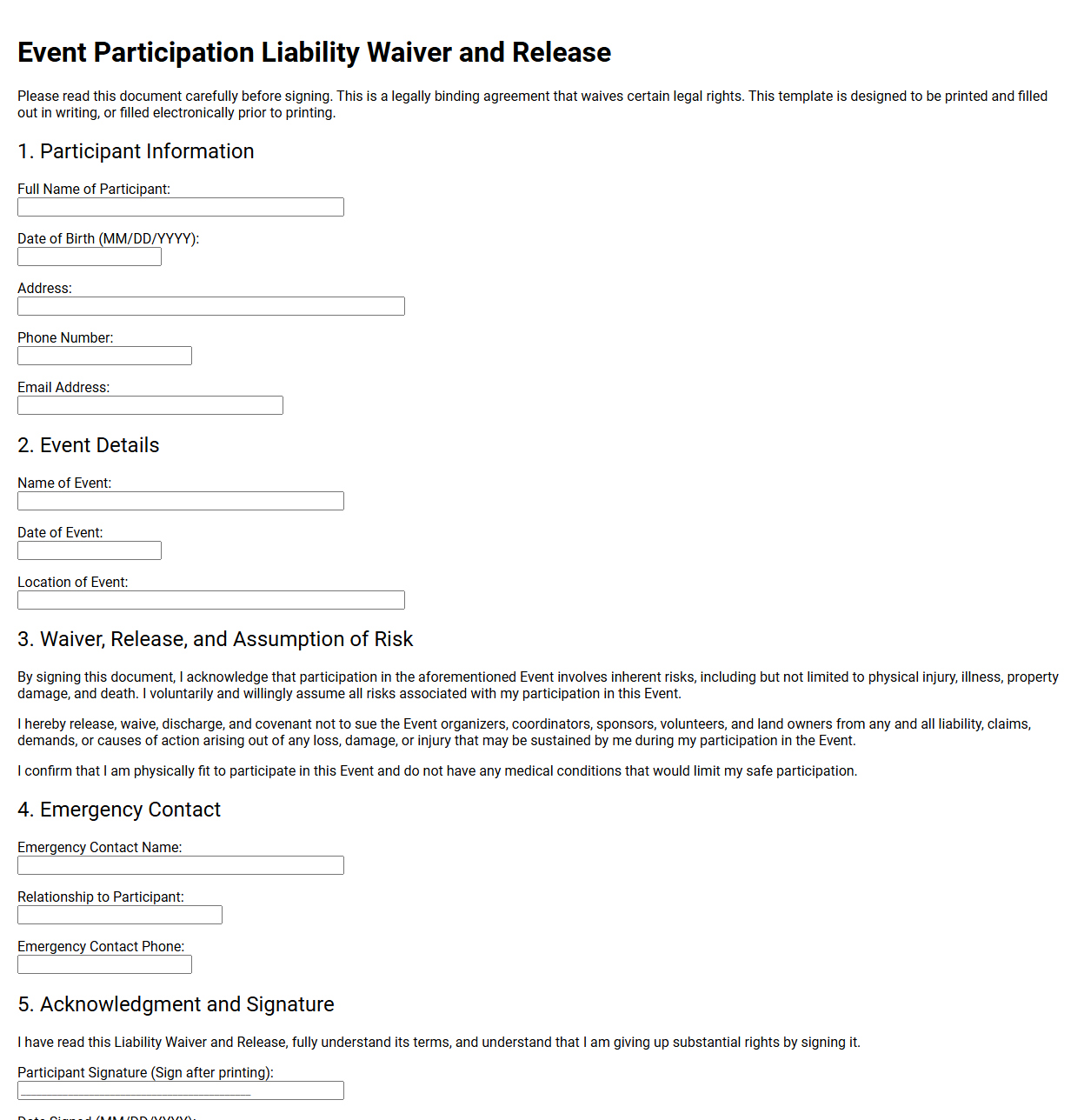 Event Participation Liability Waiver Template