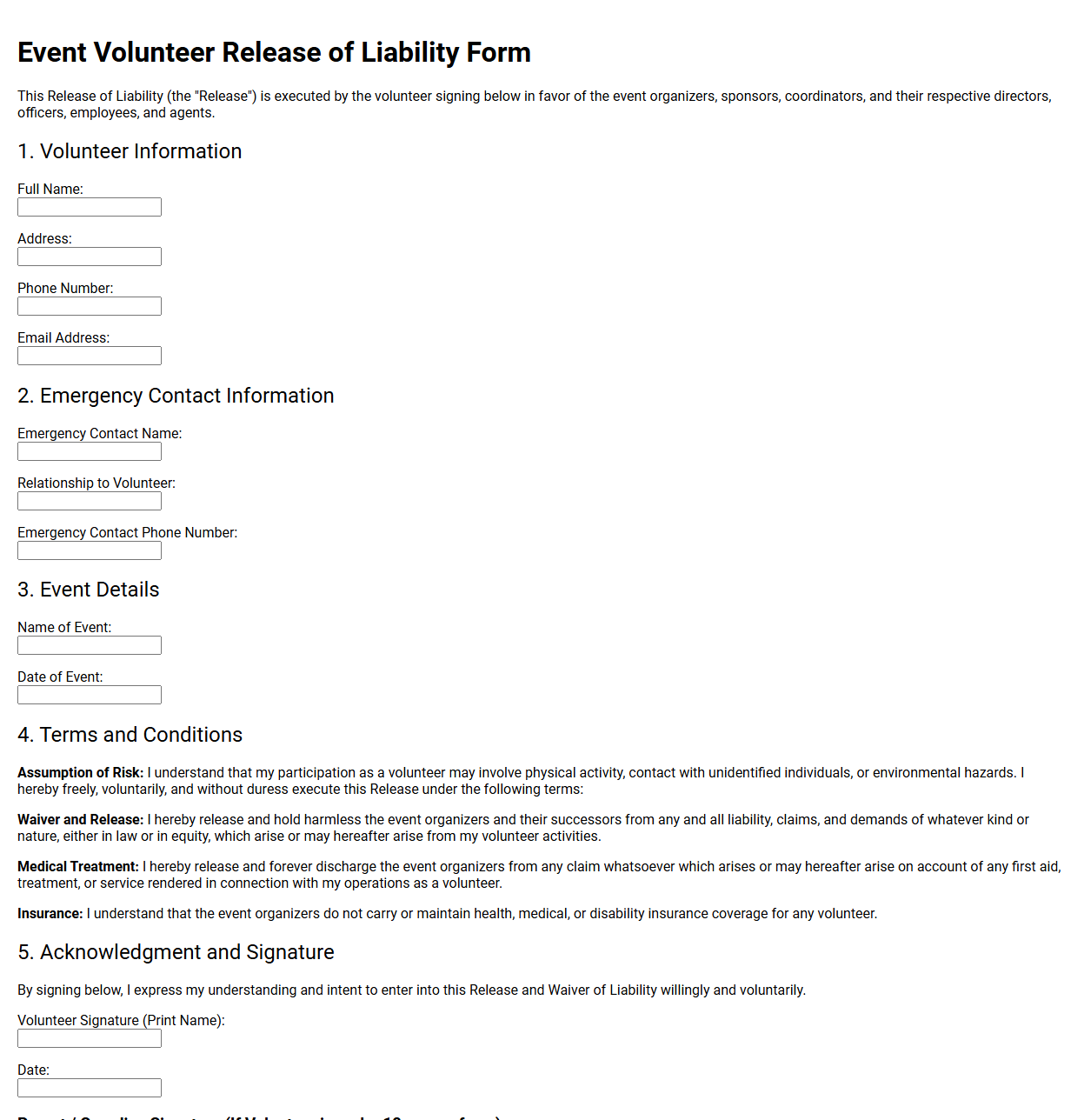 Event Volunteer Release of Liability Form