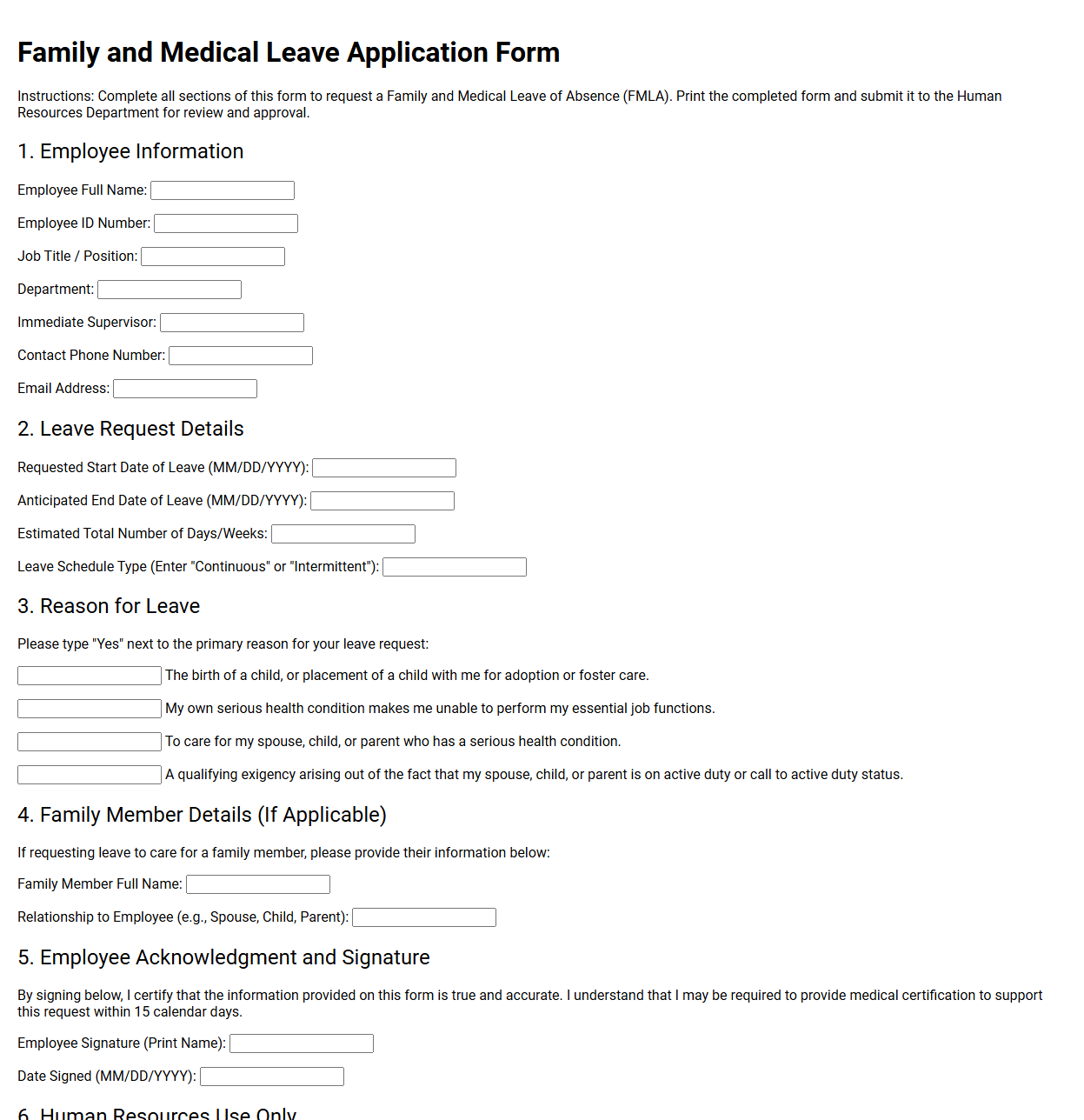 Family and Medical Leave Application Form