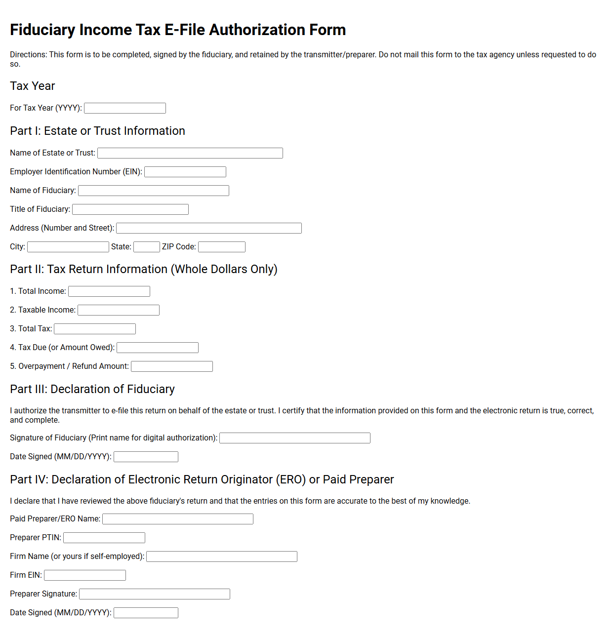 Fiduciary Income Tax E-File Authorization Form Template