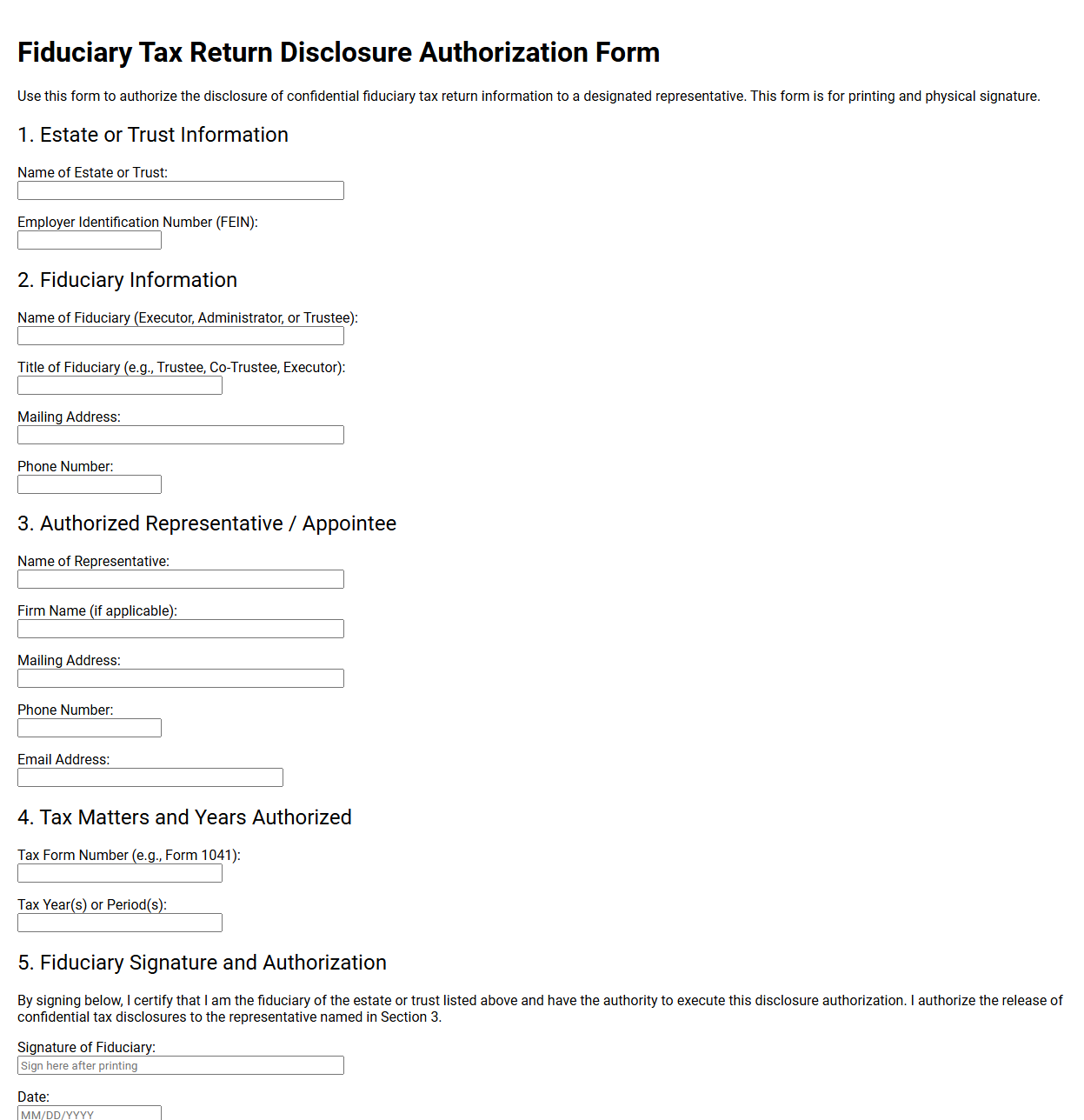 Fiduciary Tax Return Disclosure Authorization Form