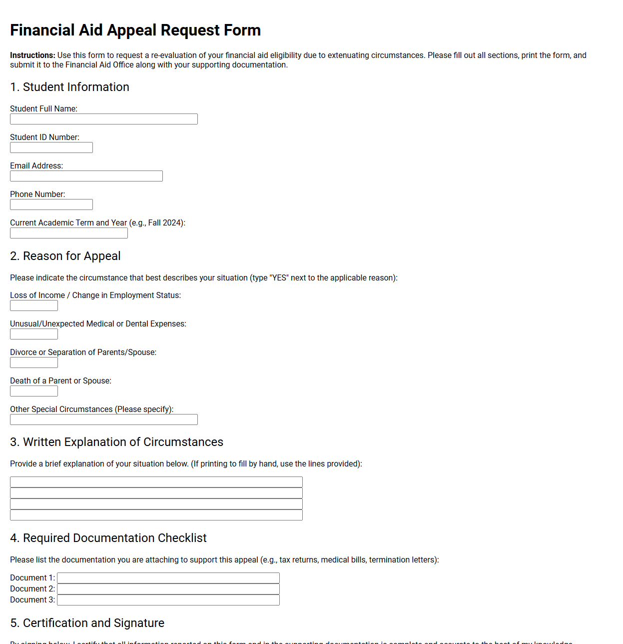 Financial Aid Appeal Request Form Template