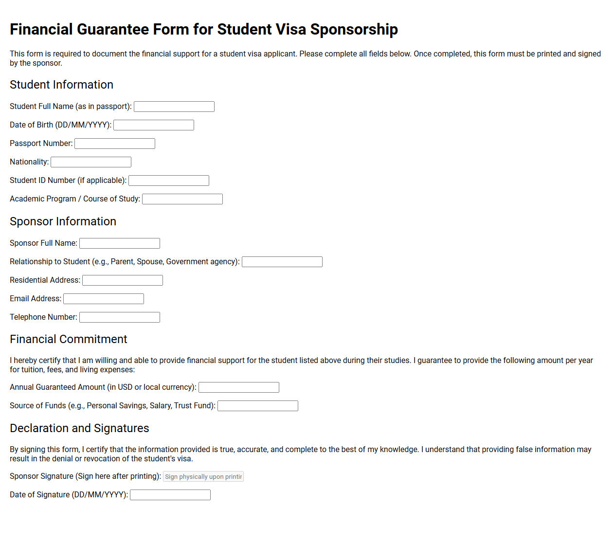 Financial Guarantee Form for Student Visa Sponsorship