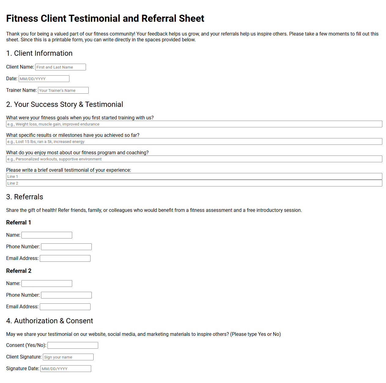 Fitness Client Testimonial and Referral Sheet