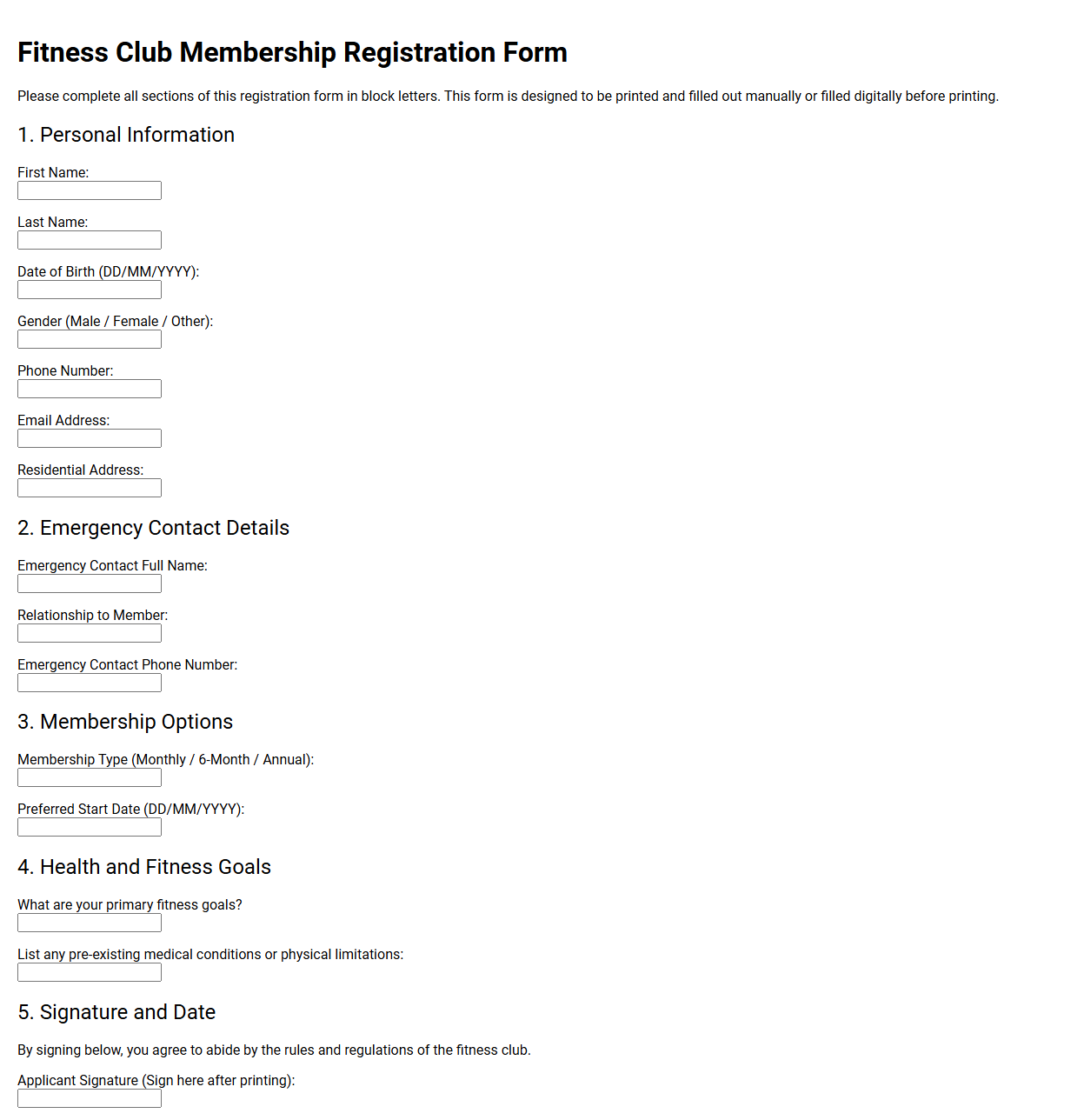 Fitness Club Membership Registration Form