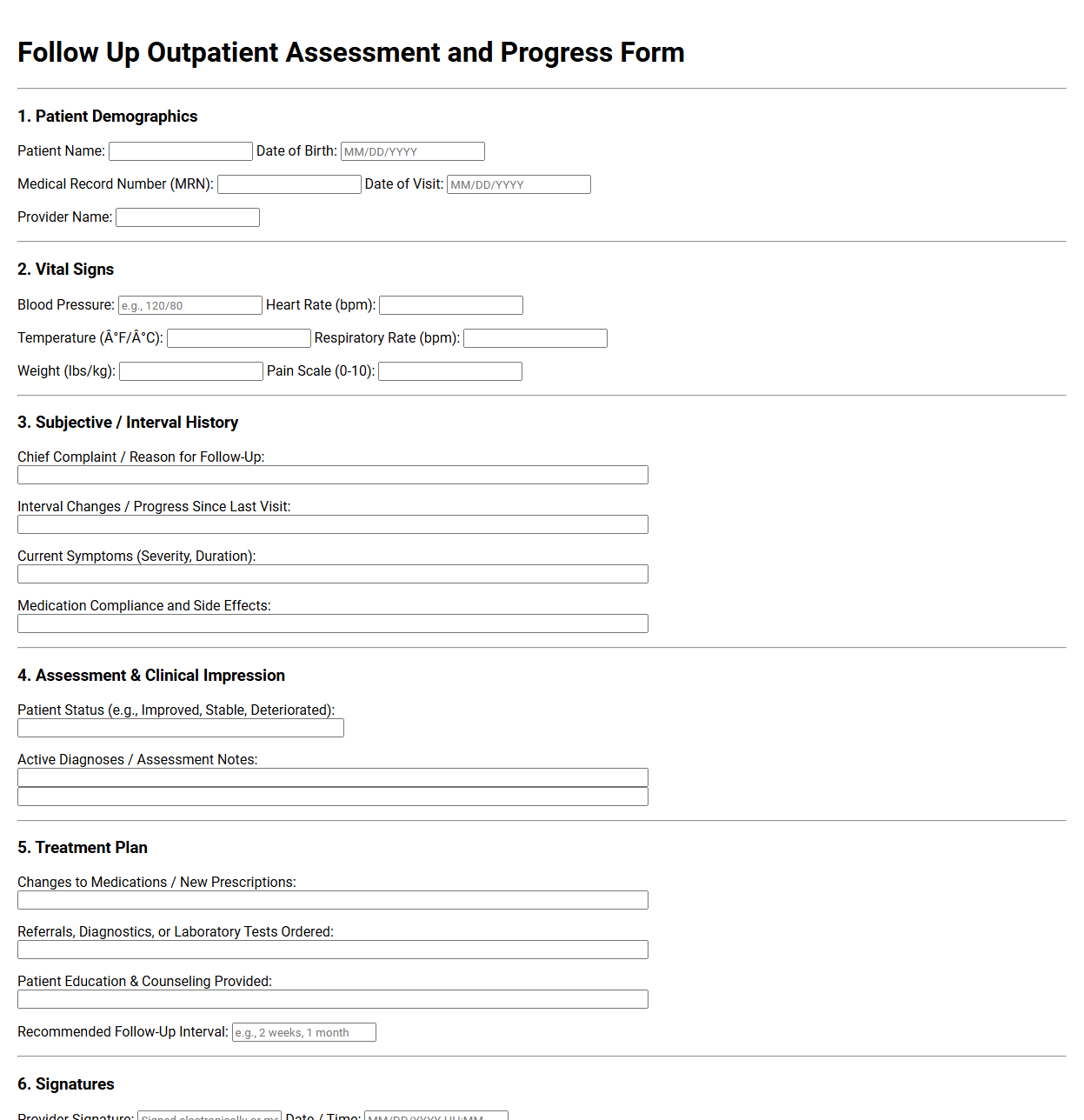 Follow Up Outpatient Assessment and Progress Form