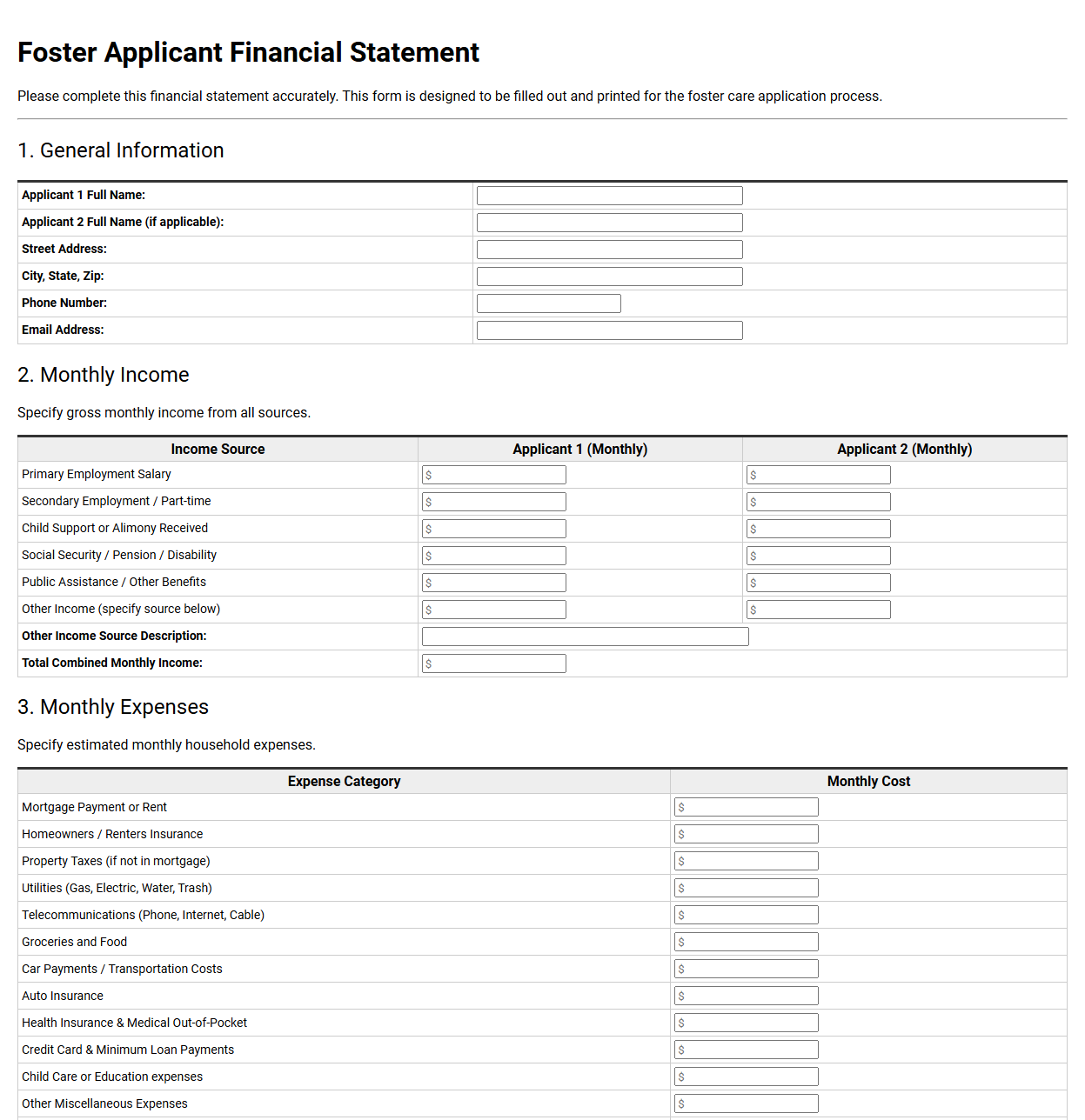 Foster Applicant Financial Statement
