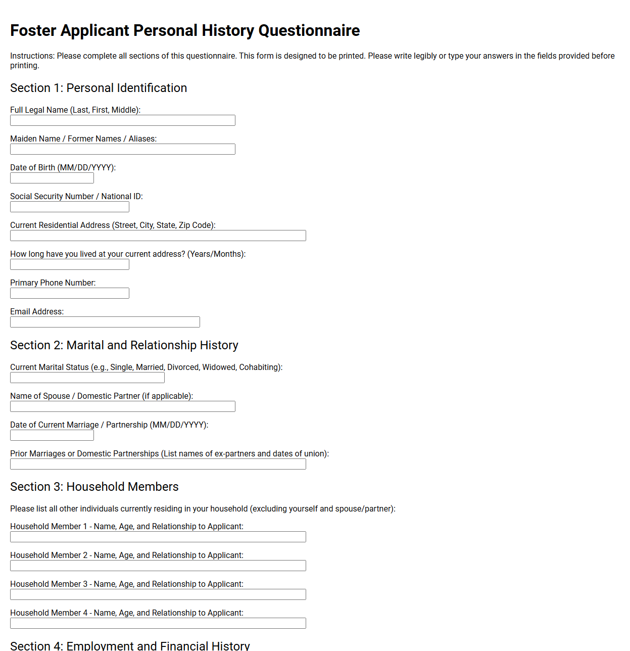 Foster Applicant Personal History Questionnaire