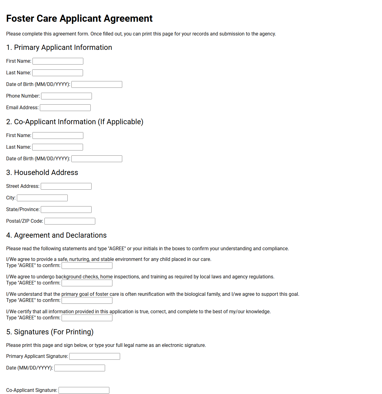 Foster Care Applicant Agreement