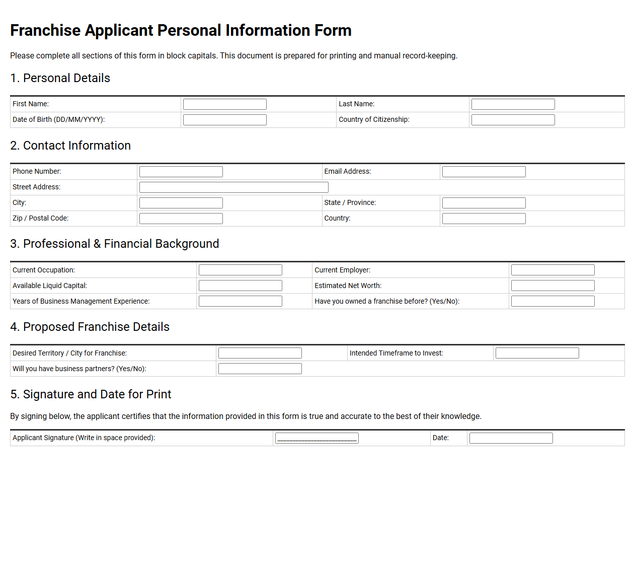 Franchise Applicant Personal Information Form
