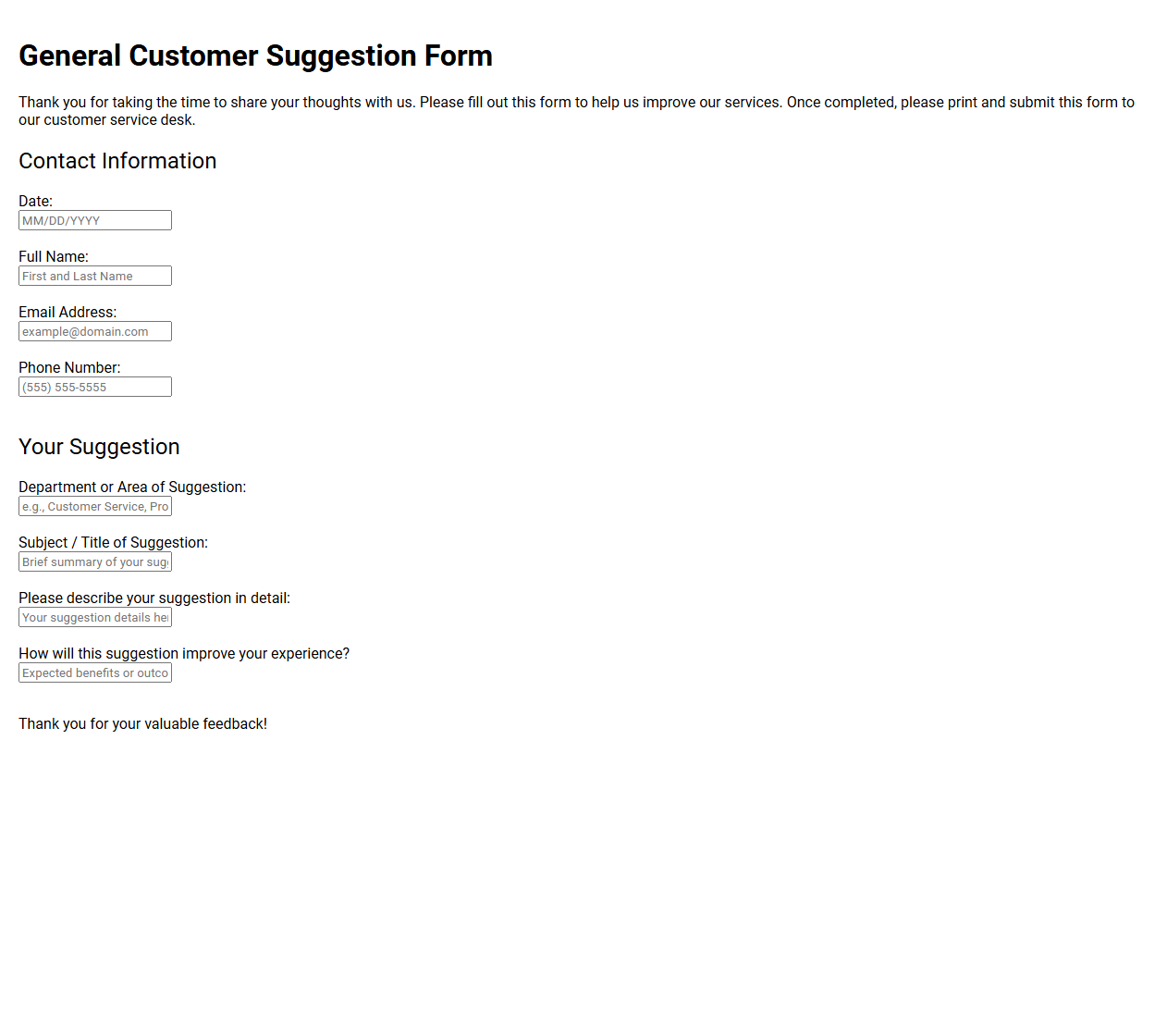 General Customer Suggestion Form Template