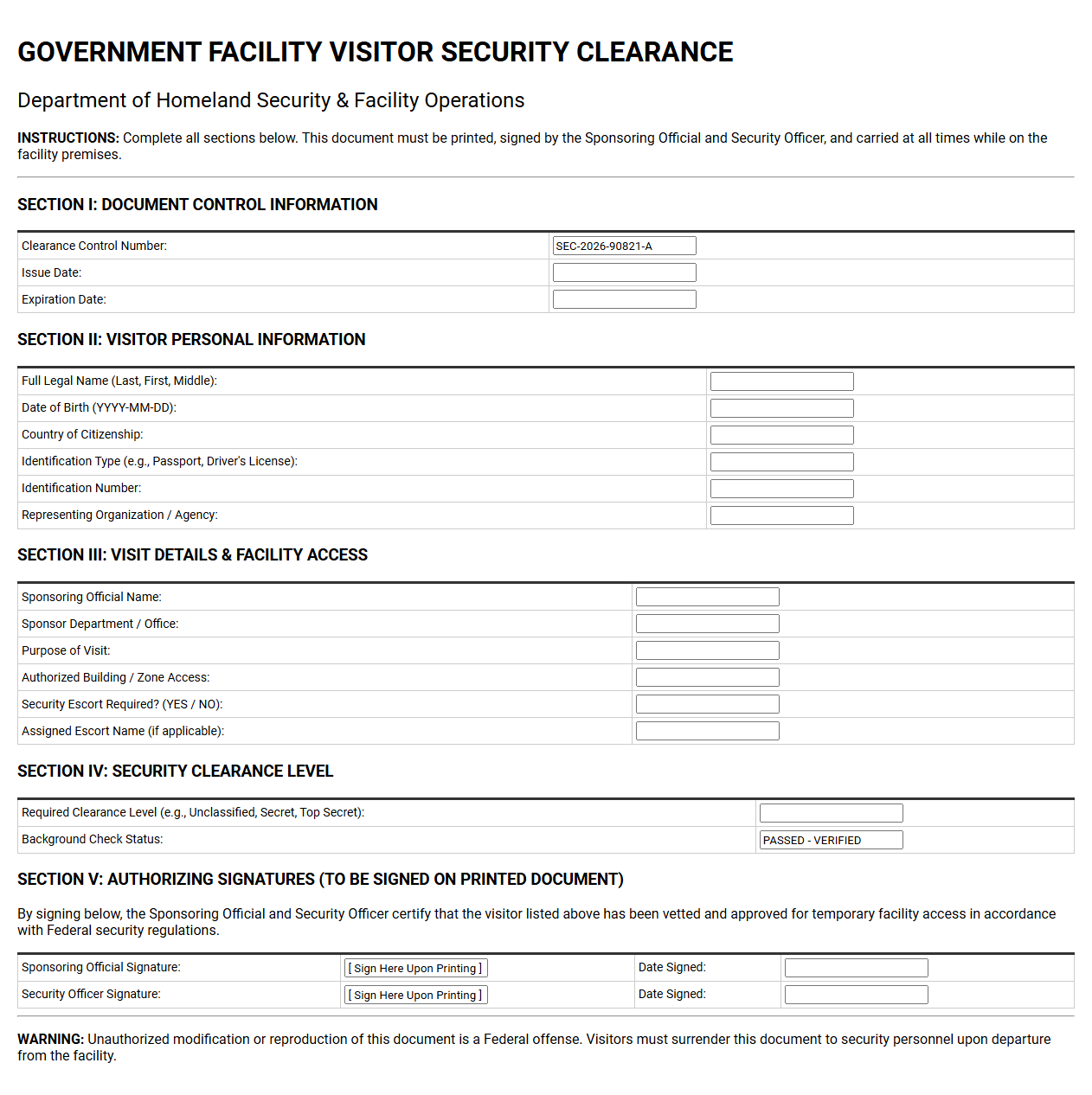 Government Facility Visitor Security Clearance Document
