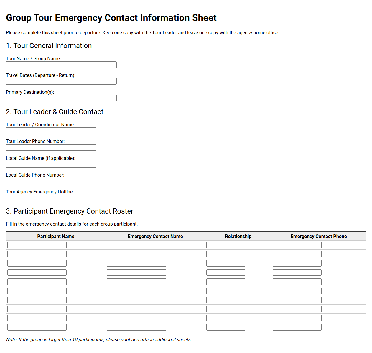 Group Tour Emergency Contact Information Sheet