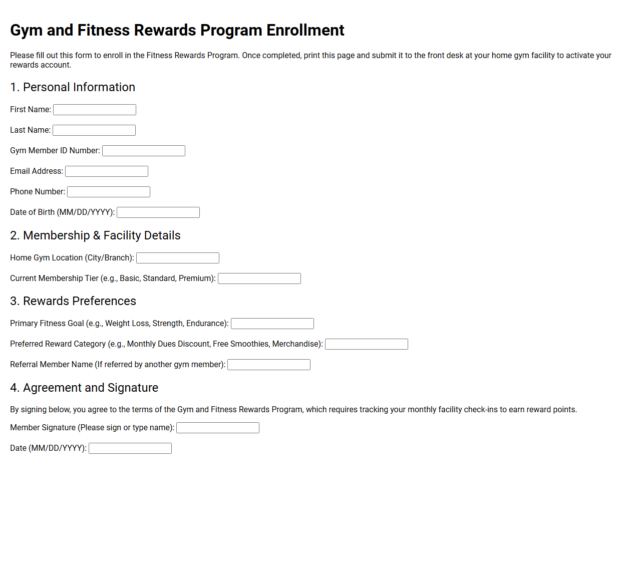 Gym and Fitness Rewards Program Enrollment