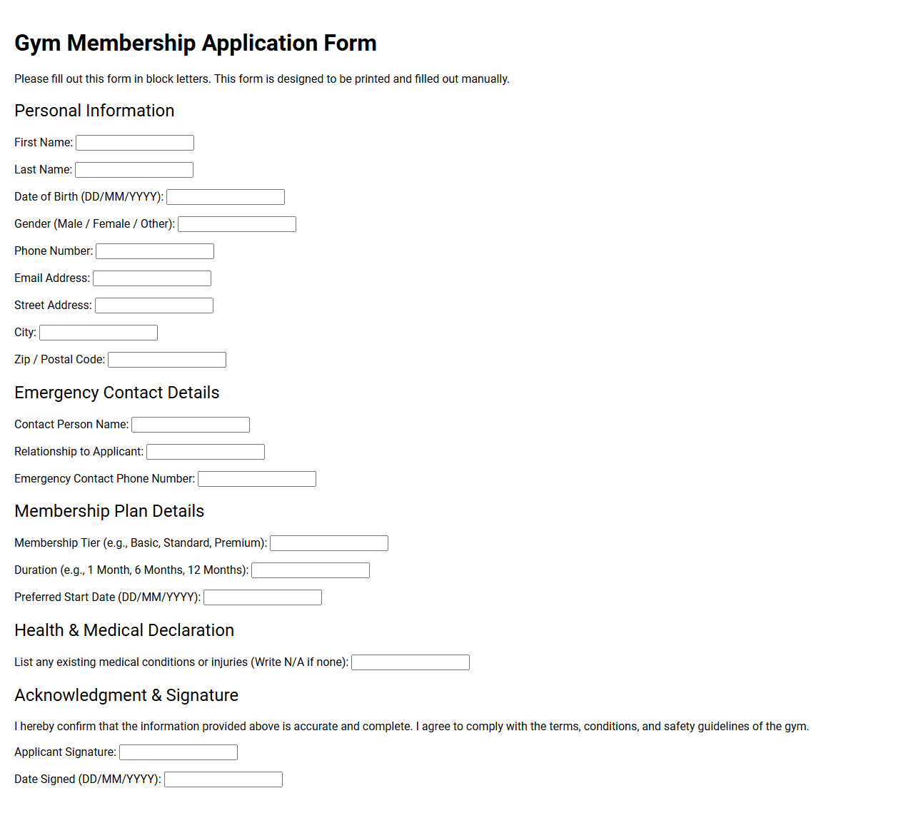 Gym Membership Application Form