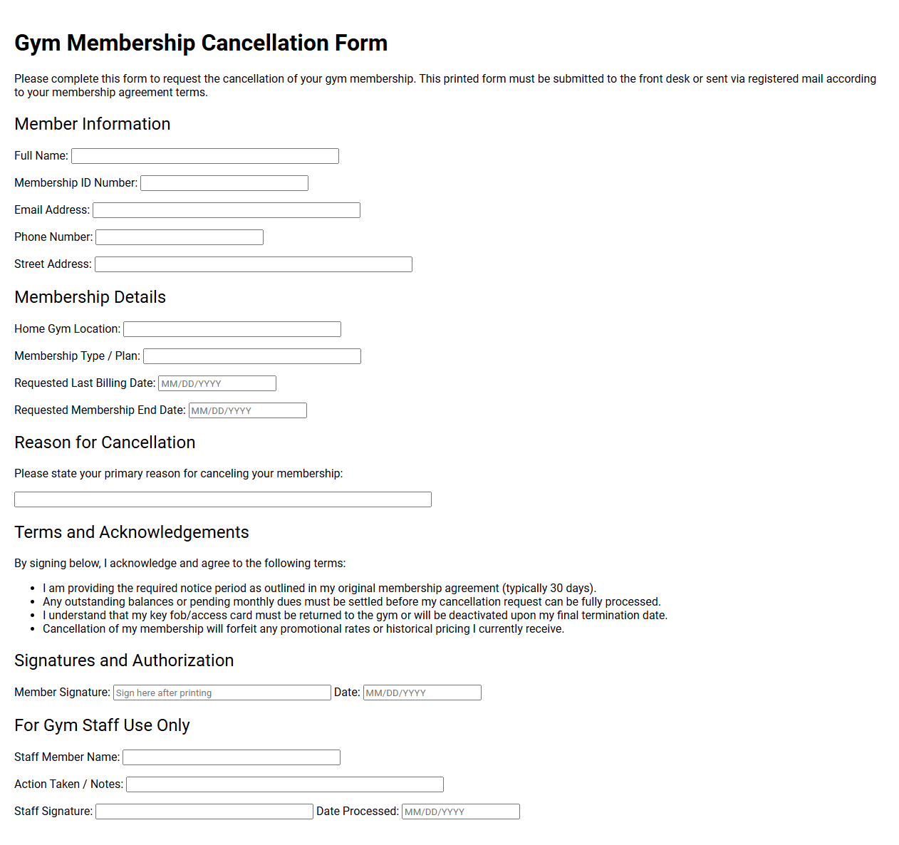Gym Membership Cancellation Form Template