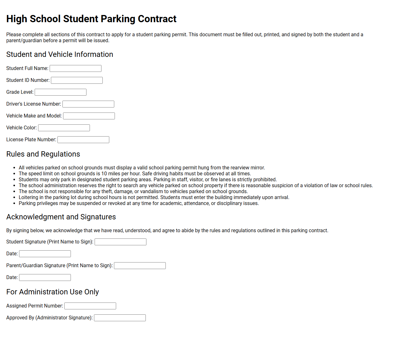 High School Student Parking Contract