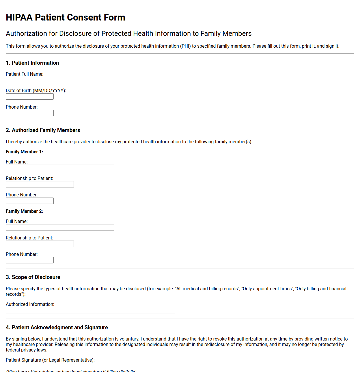 HIPAA Consent Form for Family Members