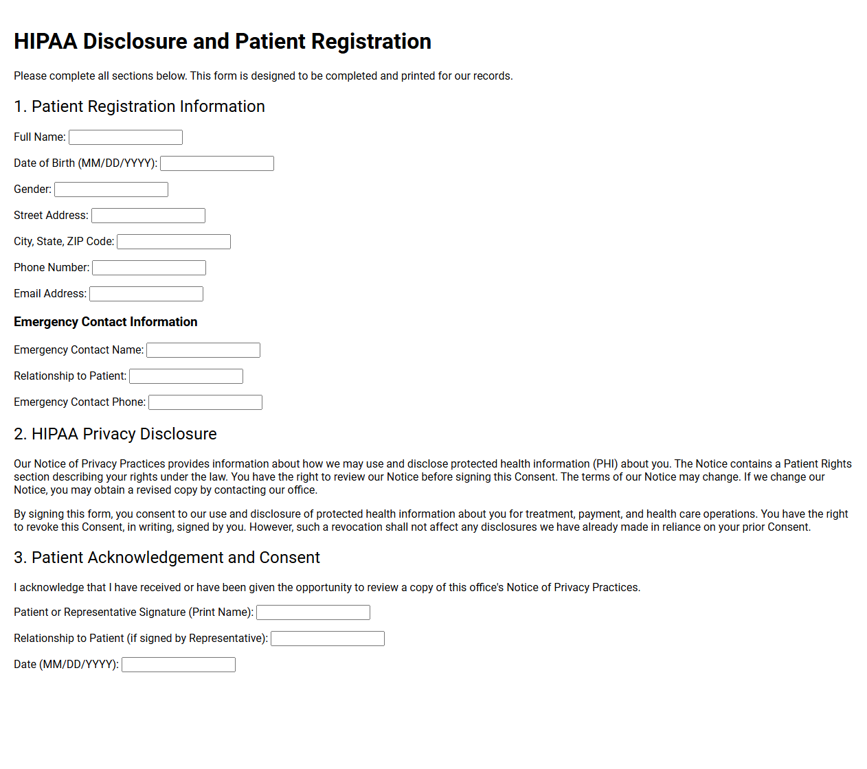 HIPAA Disclosure and Patient Registration Template
