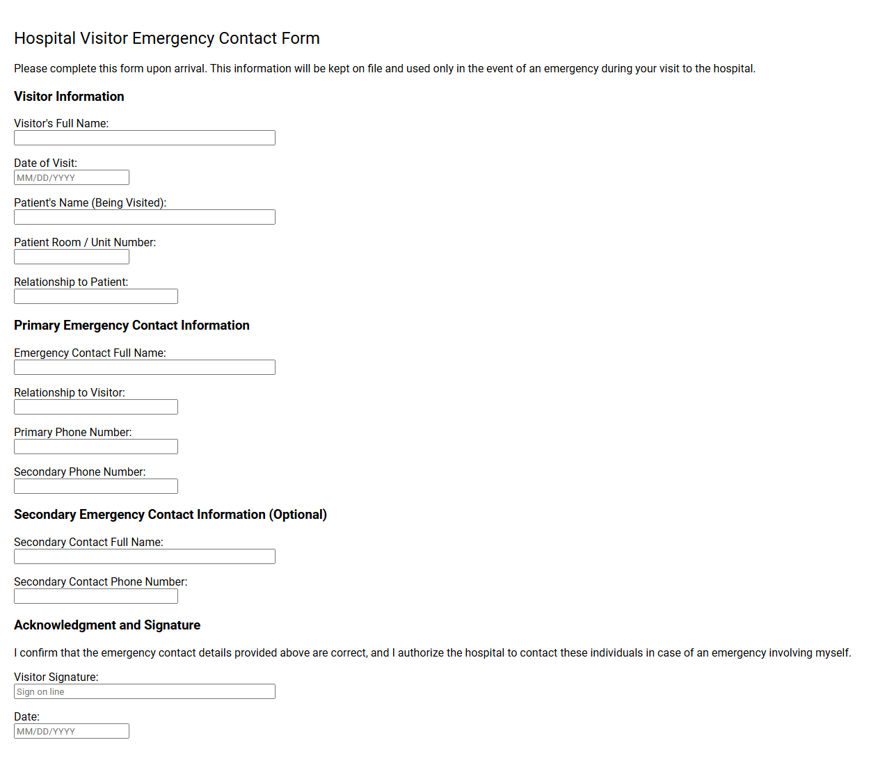 Hospital Visitor Emergency Contact Form