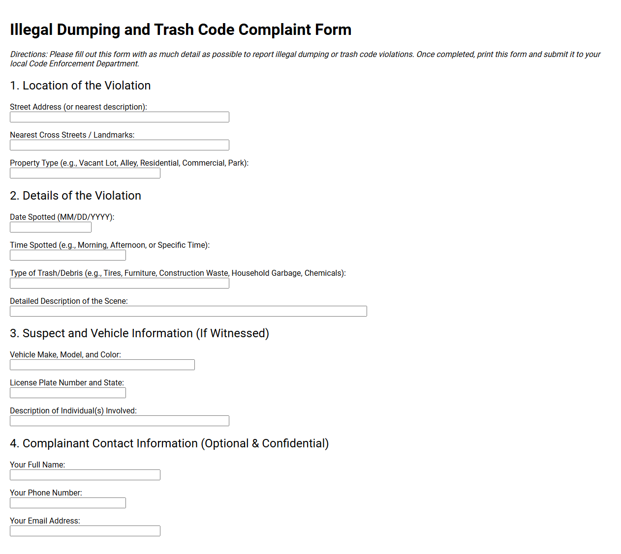 Illegal Dumping and Trash Code Complaint Form