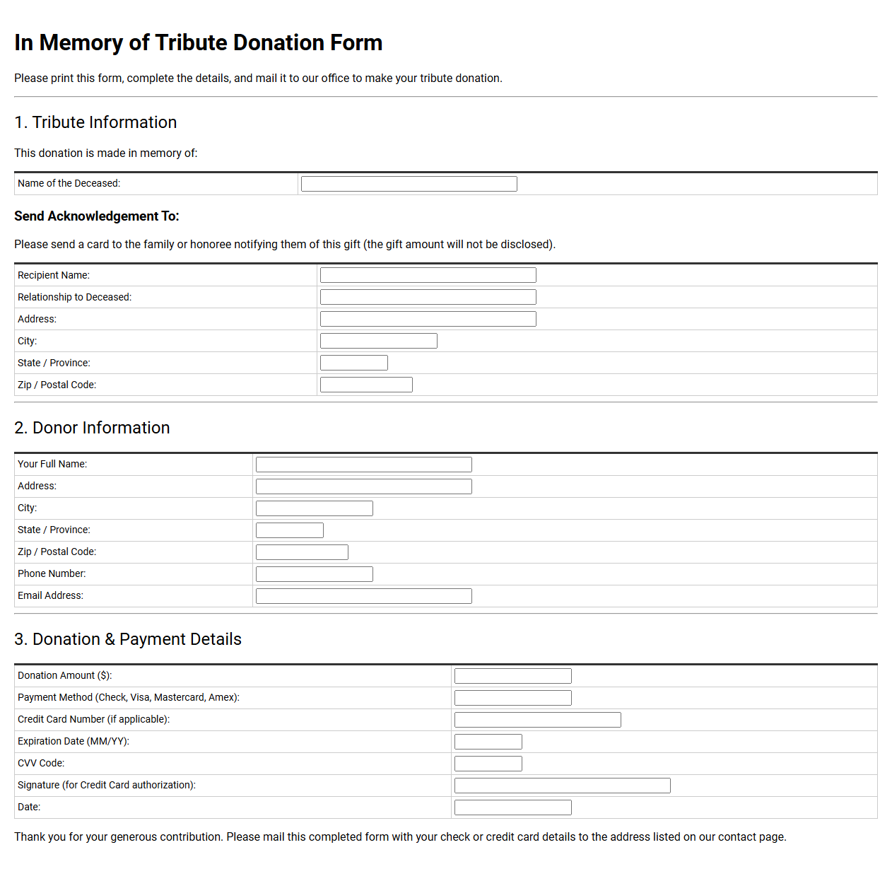 In Memory of Tribute Donation Form