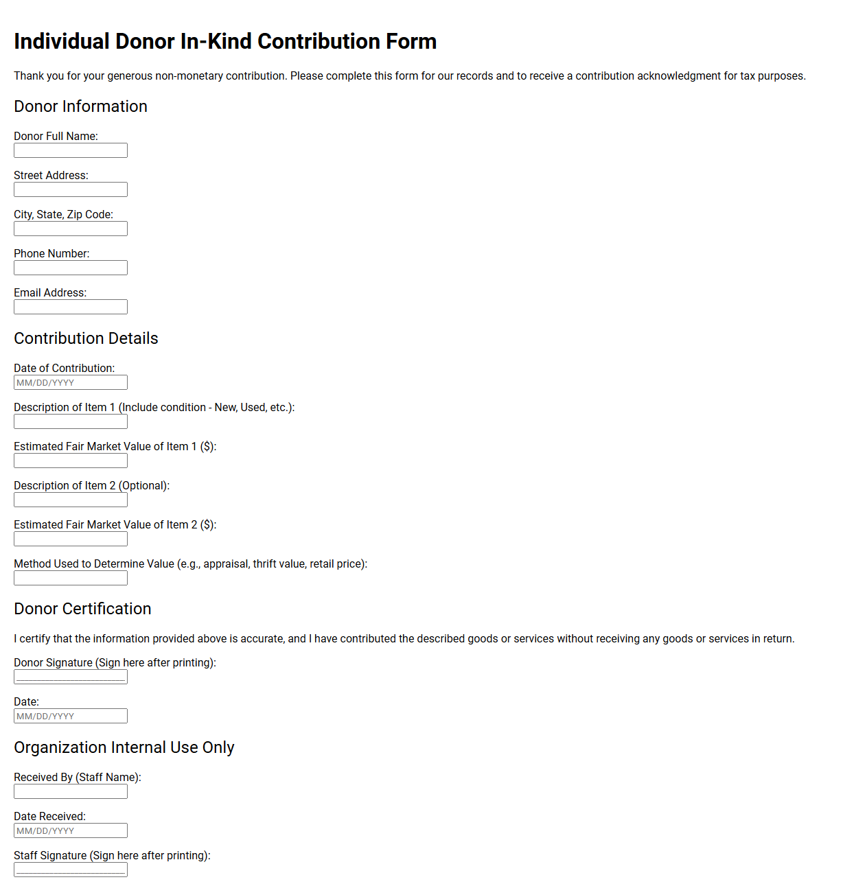 Individual Donor In-Kind Contribution Form