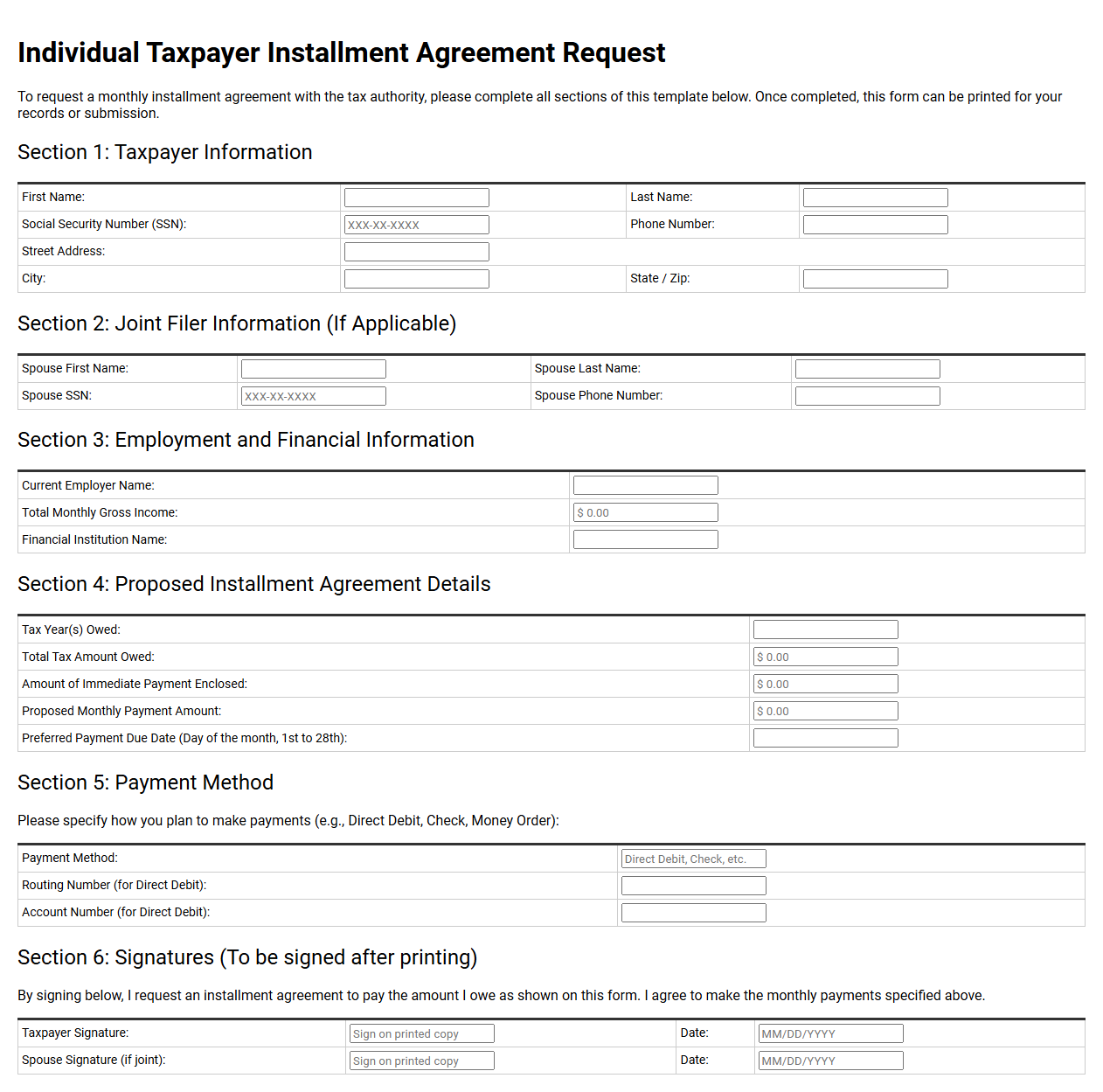 Individual Taxpayer Installment Agreement Request Template