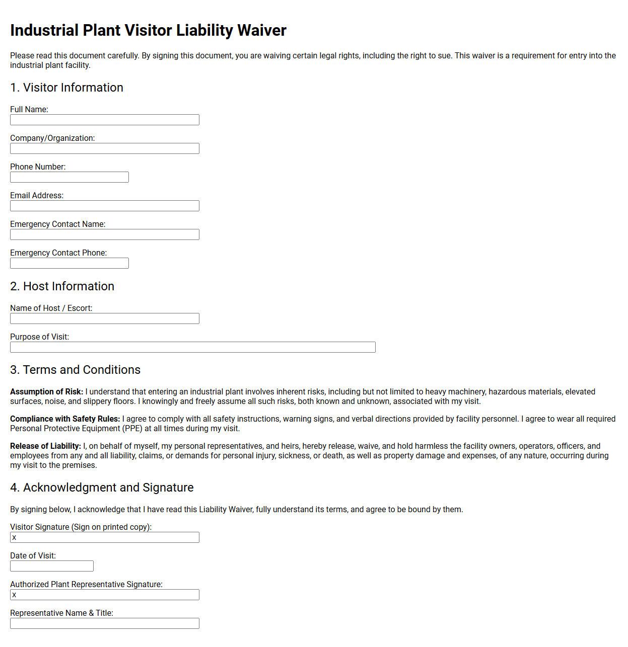 Industrial Plant Visitor Liability Waiver