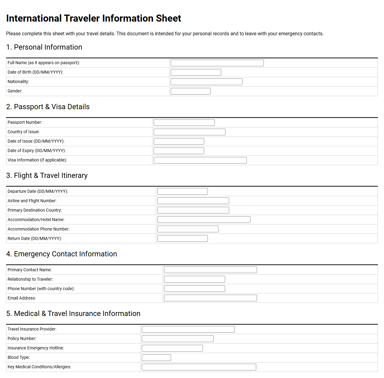 International Traveler Information Sheet