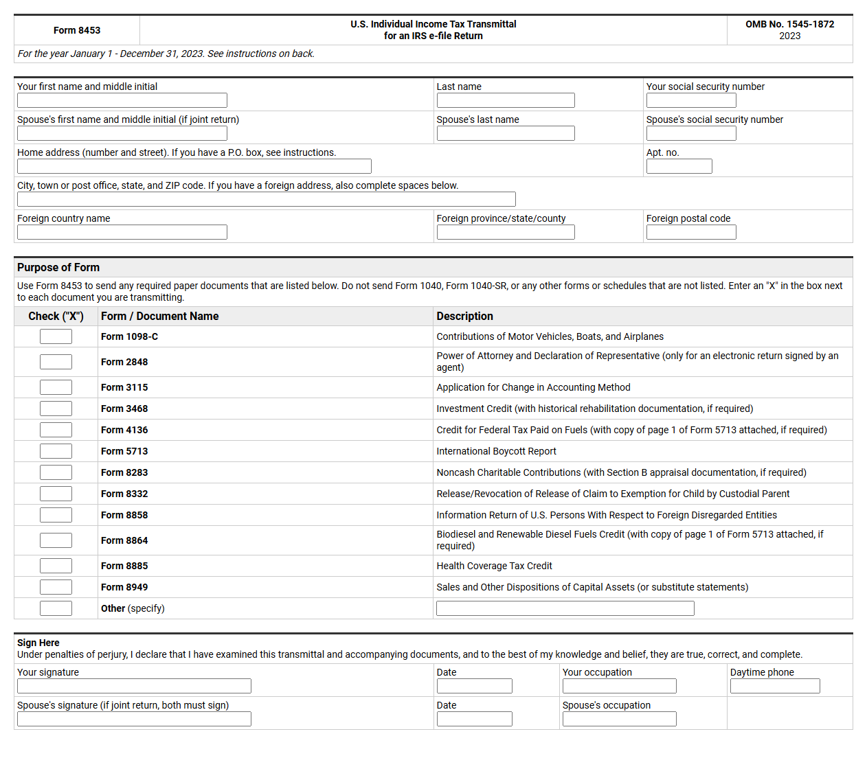 IRS Form 8453 Tax Transmittal E-File Template