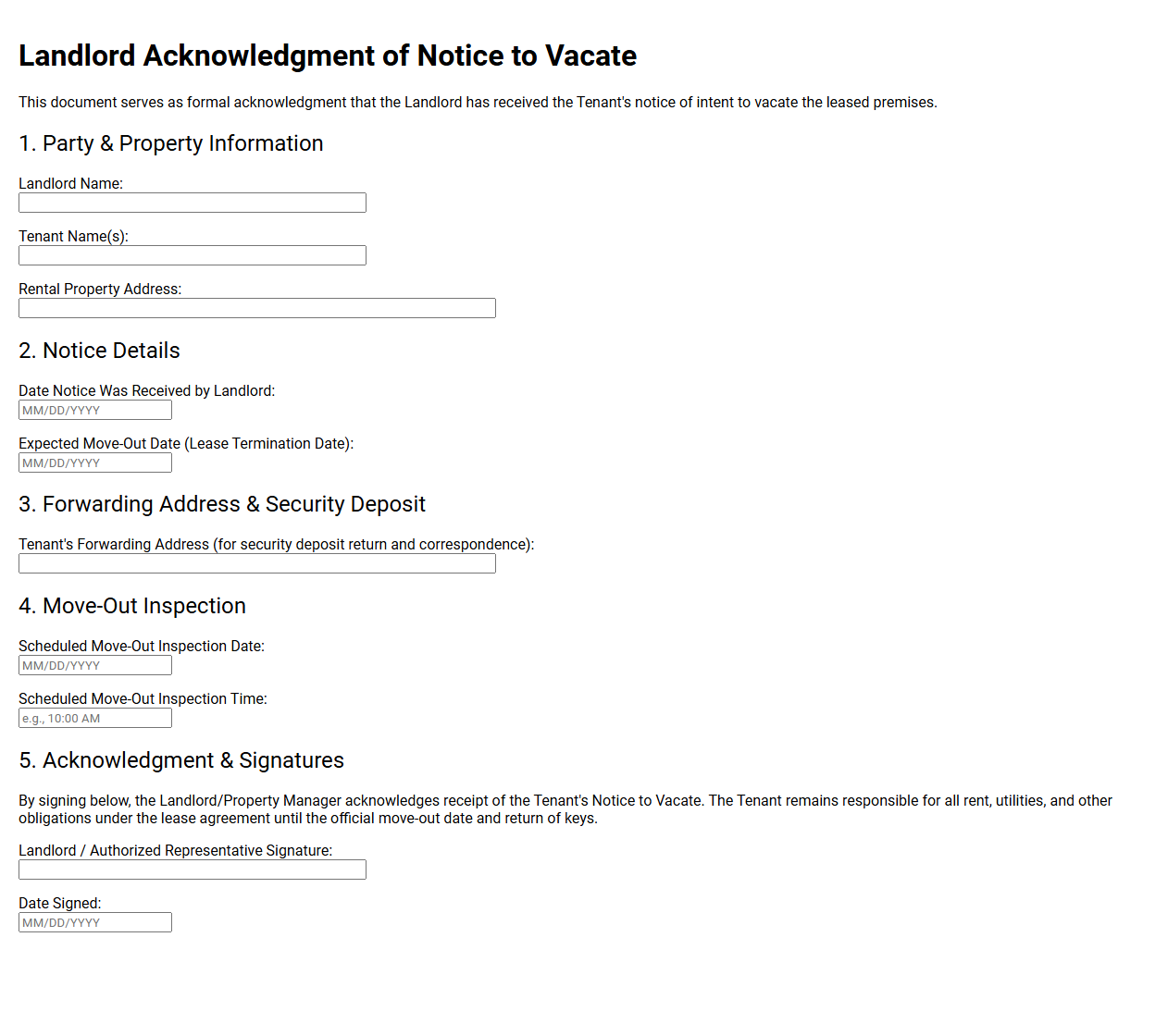 Landlord Acknowledgment of Notice to Vacate