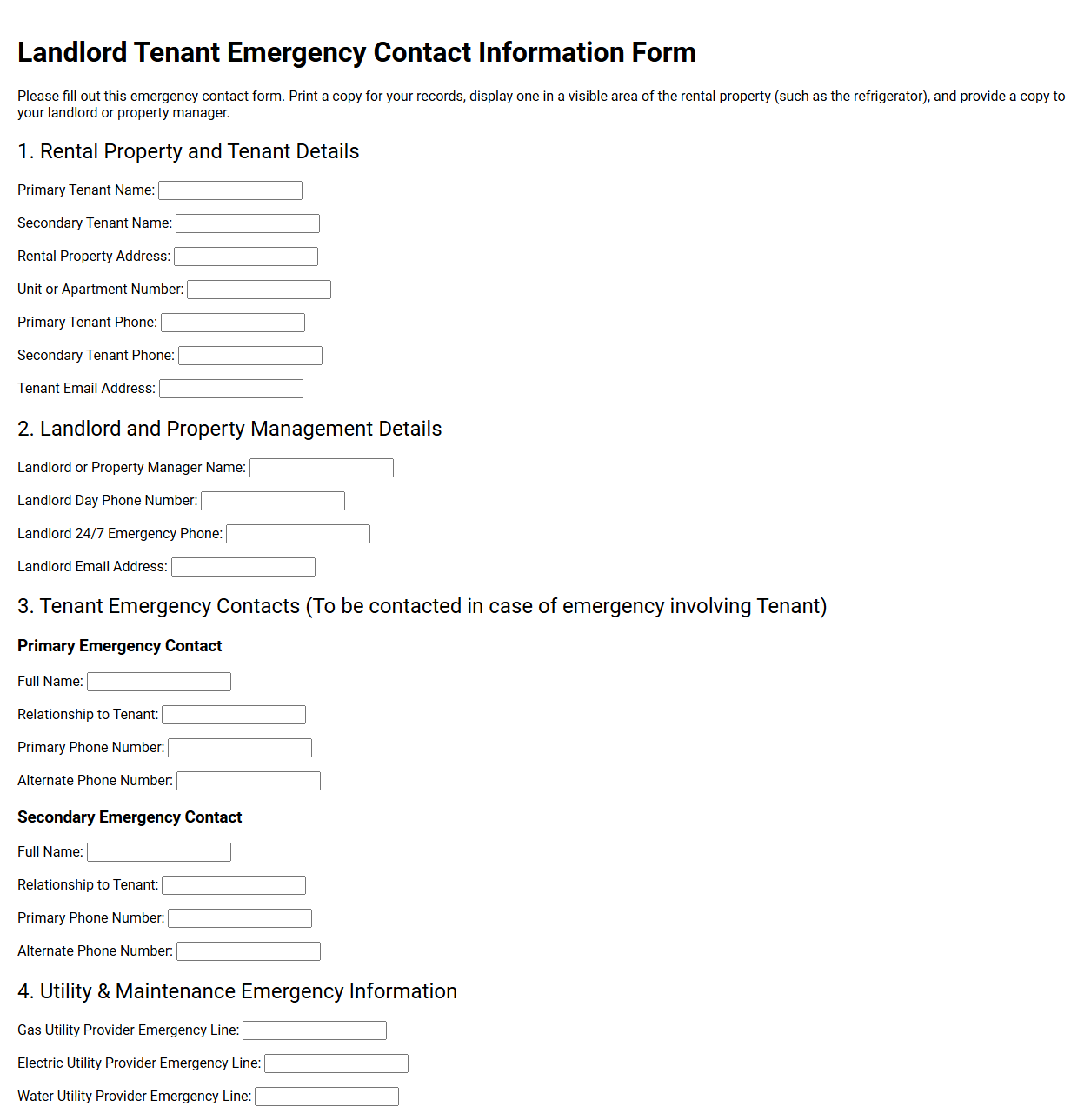 Landlord Tenant Emergency Contact Information Form
