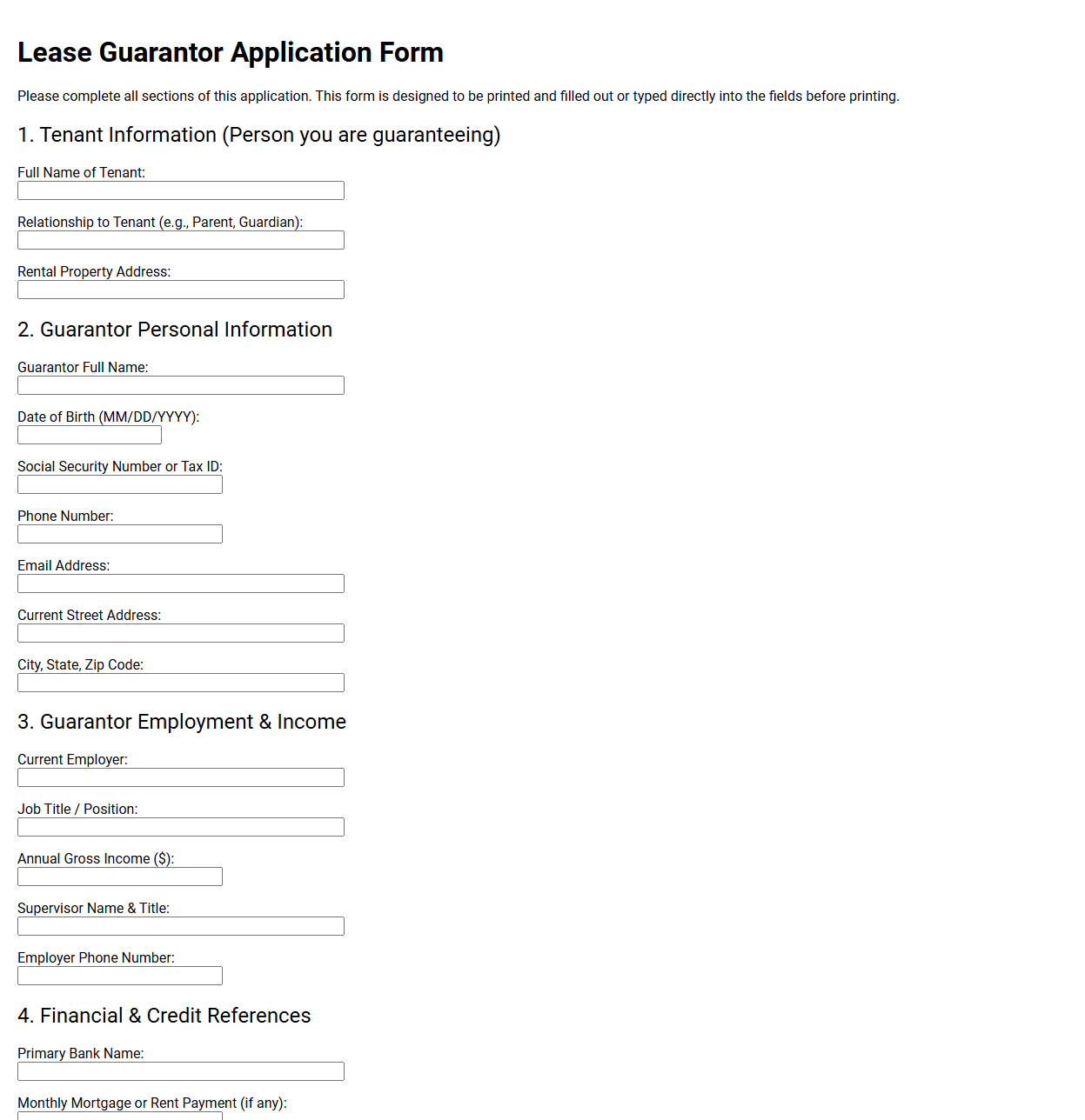 Lease Guarantor Application Form